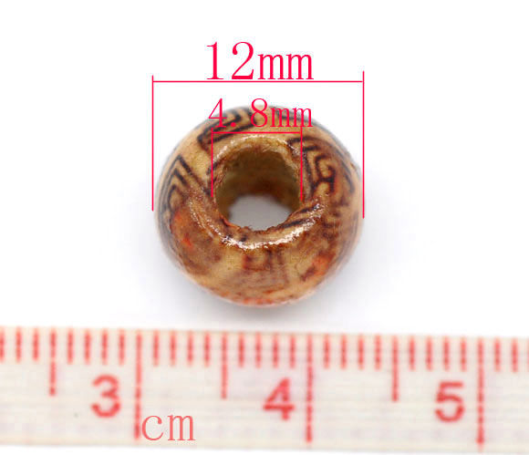 Изображение Смешанные Бусины 11mm x 12mm， "барабан" c рисованиями ， окрашенныe Древесиные,Годны для Пандора ，проданные 100 шт/уп