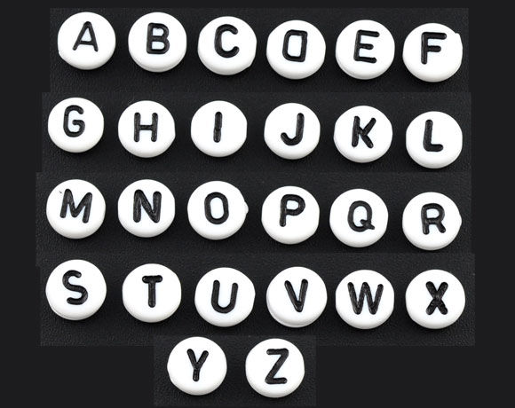 Picture of Acrylic Spacer Beads Round White Mixed Alphabet/ Letter "A-Z" About 7mm Dia, Hole: Approx 1mm, 520 PCs