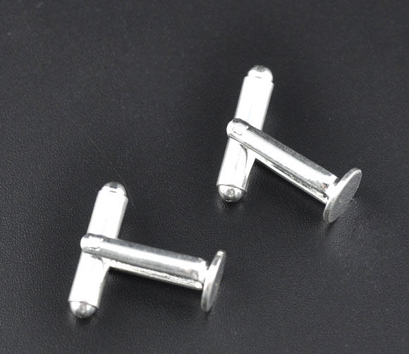 Picture of Brass Cuff Links Round Silver Plated 25mm(1") x 8mm( 3/8"), 10 PCs