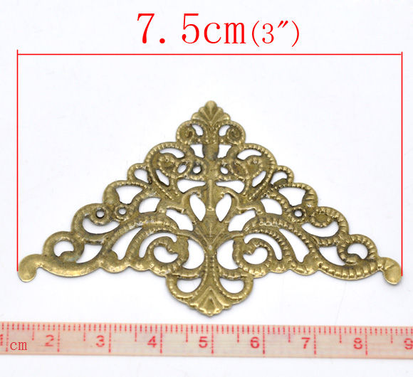 Picture of Antique Bronze Filigree Stamping Triangle Wraps Connectors 4.8x7.5cm, sold per packet of 30