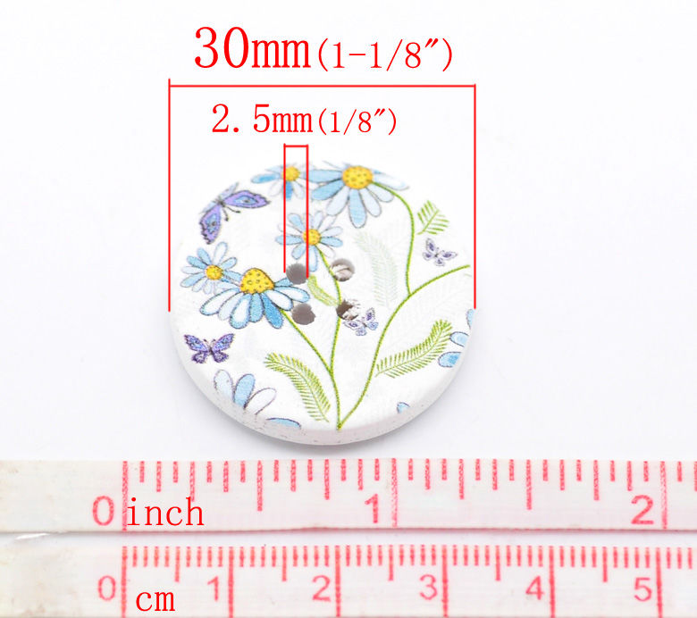 Picture of Natural Wood Sewing Buttons Scrapbooking 4 Holes Round Multicolor Flower Butterfly Pattern 30mm(1 1/8") Dia, 30 PCs