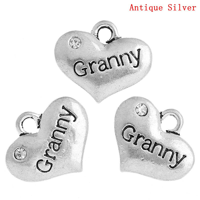 Picture of Zinc Based Alloy Family Jewelry Charms Antique Silver Color Heart Message " Granny " Clear Rhinestone 16mm x 14mm, 20 PCs