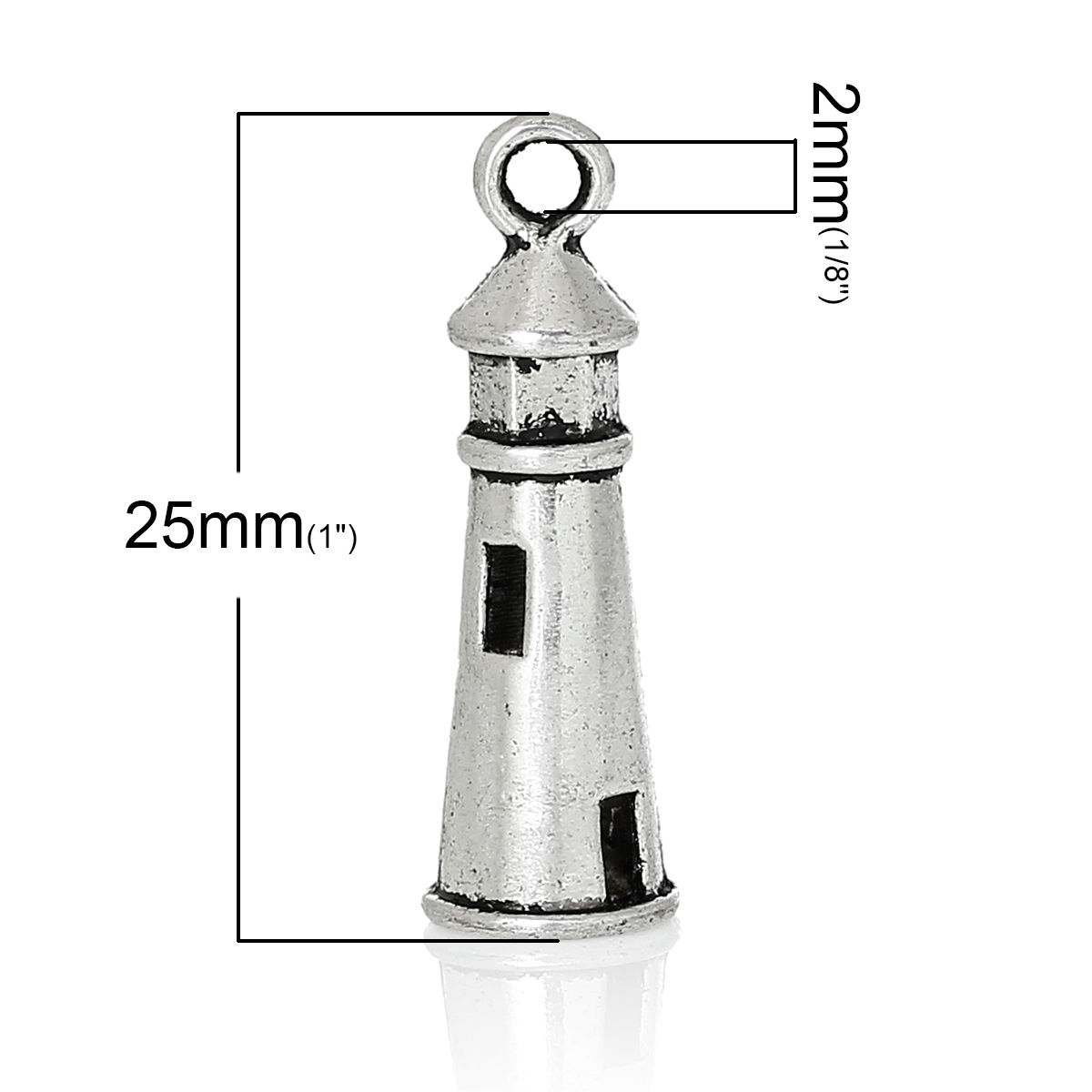 Picture of Zinc Metal Alloy Charm Pendants Lighthouse Antique Silver Color 25mm(1") x 8mm( 3/8"), 100 PCs