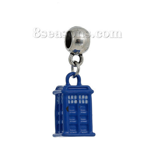 Picture of Zinc Based Alloy European Style Large Hole Charm Dangle Beads With Blue Police Agency House Pendant 3.1cm x 1cm, 2 PCs