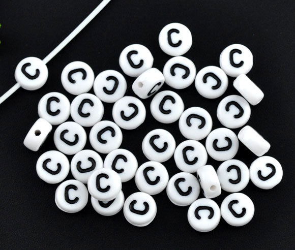 Picture of Acrylic Spacer Beads Round White Alphabet/ Letter "C" About 7mm Dia, Hole: Approx 1mm, 60 PCs