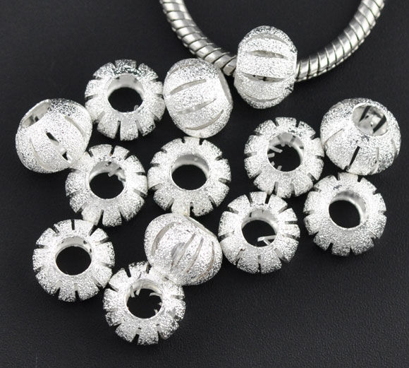 Picture of Brass European Style Large Hole Charm Beads Lantern Silver Plated Sparkledust About 11mm Dia, Hole: Approx 4.8mm, 3 PCs