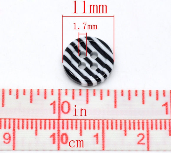 Picture of 8 PCs Resin Sewing Buttons Scrapbooking 4 Holes Round Zebra Stripe Black & White 11mm Dia.