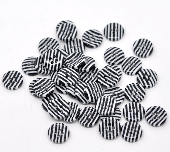 Picture of 8 PCs Resin Sewing Buttons Scrapbooking 4 Holes Round Zebra Stripe Black & White 11mm Dia.