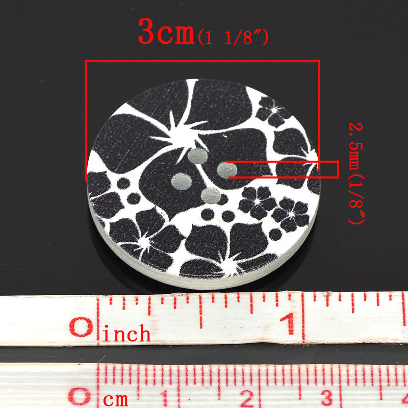 Picture of Natural Wood Sewing Buttons Scrapbooking 4 Holes Round Black Flower Pattern 3cm(1 1/8") Dia, 5 PCs