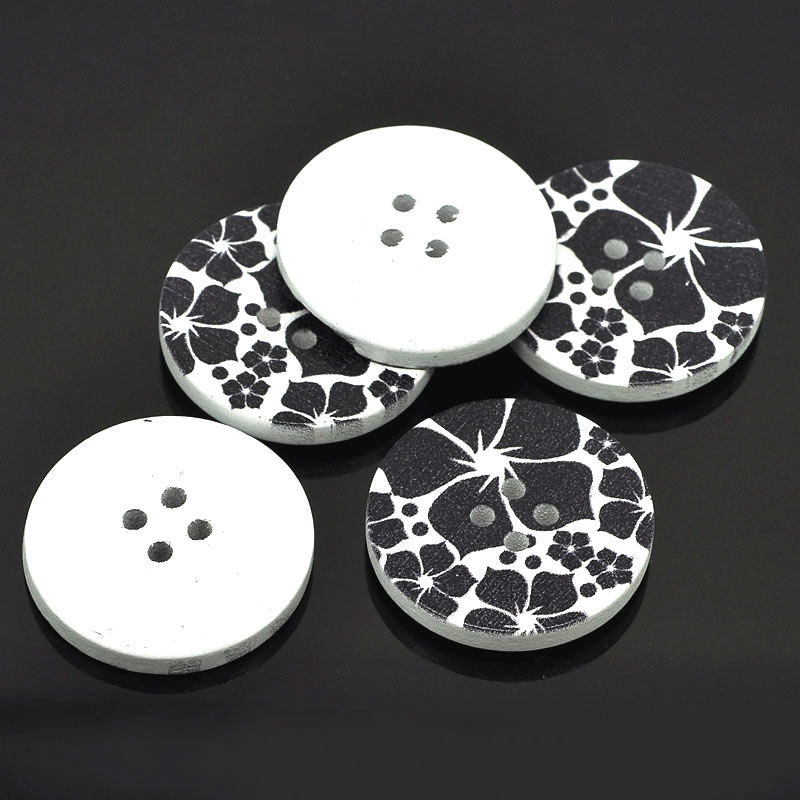 Picture of Natural Wood Sewing Buttons Scrapbooking 4 Holes Round Black Flower Pattern 3cm(1 1/8") Dia, 5 PCs