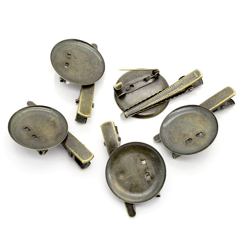 Picture of Iron Based Alloy Alligator Prong Clip & Pin Brooches Round Antique Bronze Cabochon Settings (Fits 28mm Dia.) 4.4cm x2.9cm(1 6/8" x1 1/8"), 2 PCs