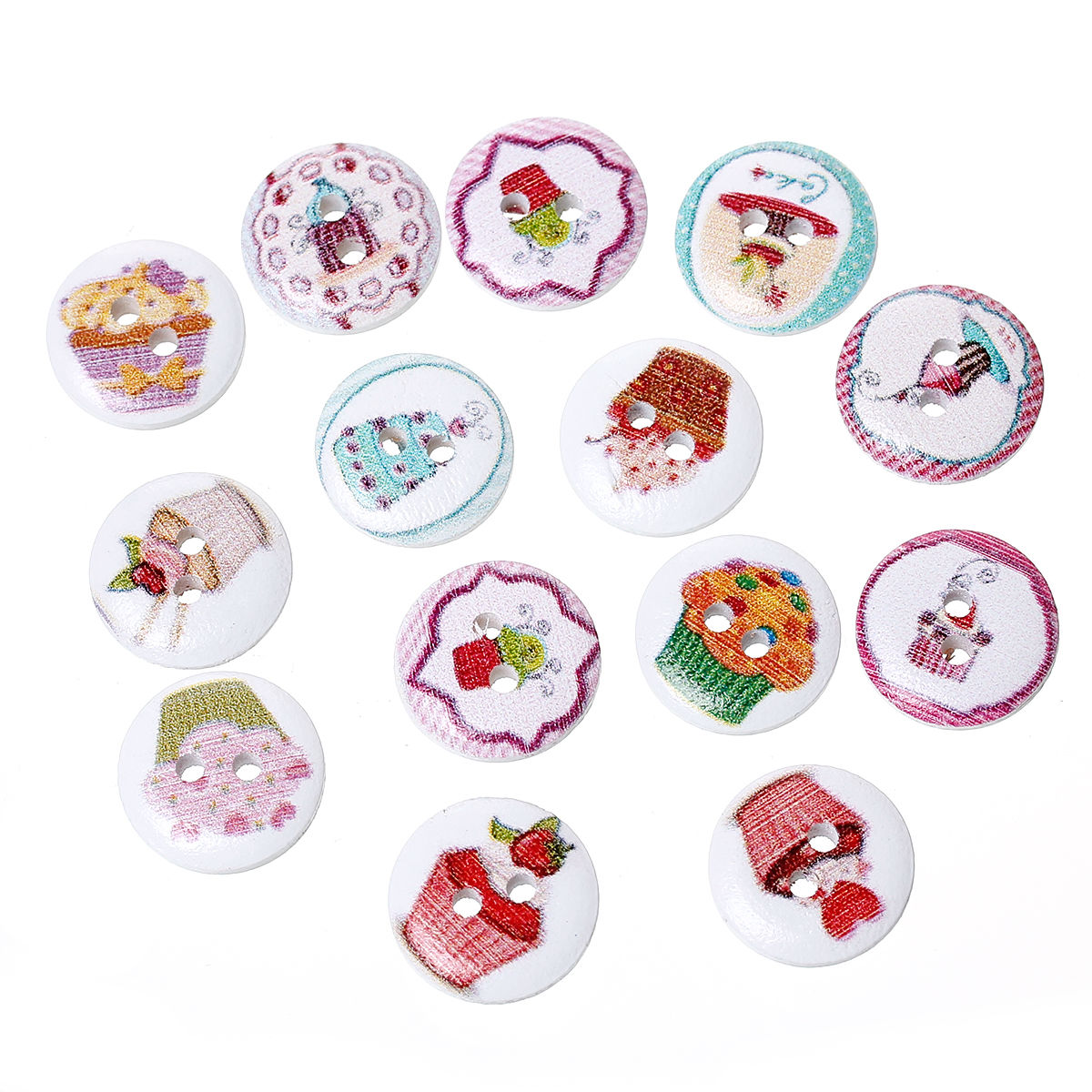 Picture of Natural Wood Sewing Buttons Scrapbooking Round At Random Mixed 2 Holes Cake Pattern 15mm( 5/8") Dia, 20 PCs