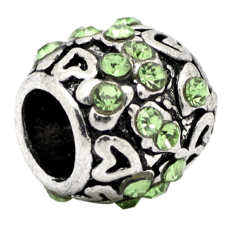 Picture of Zinc Metal Alloy European Style Large Hole Charm Beads Lantern Antique Silver Heart Carved Light Green Rhinestone 10x9mm, Hole: Approx: 4.7mm, 5 PCs