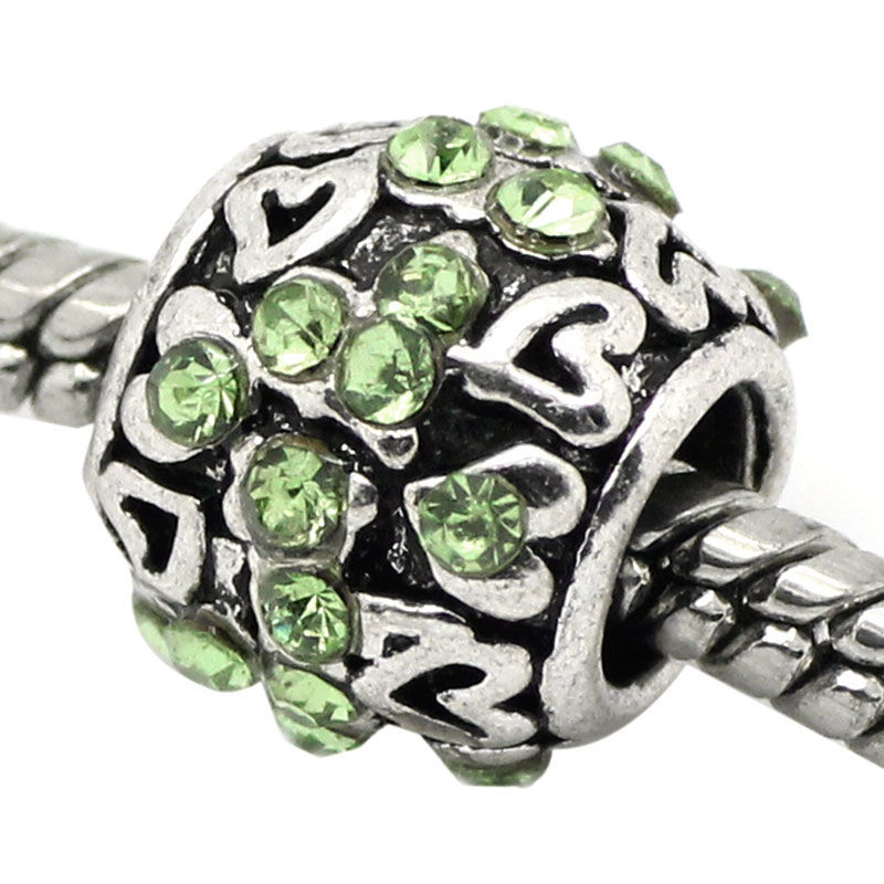 Picture of Zinc Metal Alloy European Style Large Hole Charm Beads Lantern Antique Silver Heart Carved Light Green Rhinestone 10x9mm, Hole: Approx: 4.7mm, 5 PCs