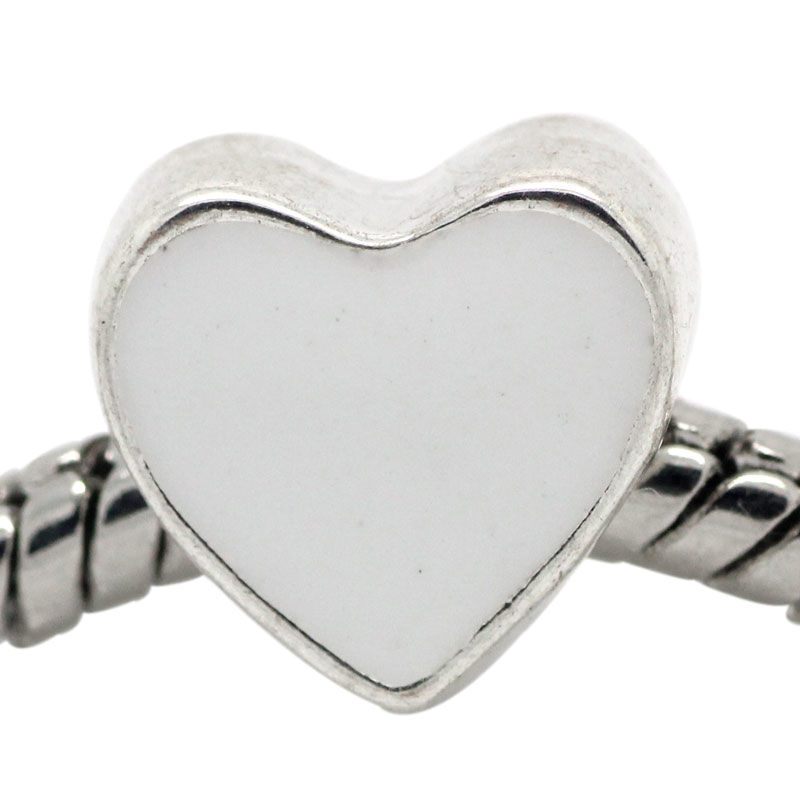 Picture of Zinc Metal Alloy European Style Large Hole Charm Beads Heart Silver Plated White Enamel 10x10mm, Hole: Approx: 4.5mm, 20 PCs