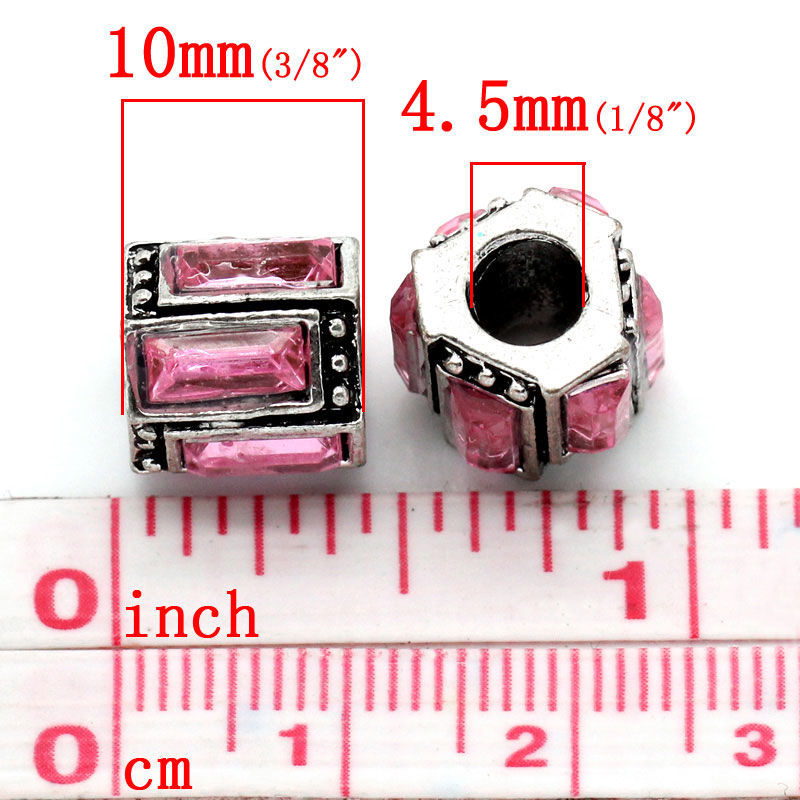 Immagine di Lega + Strass Stile Europeo Perline Cilindrico Argento Antico Roso Strass Circa 12.0mm x 11.0mm, Foro: Circa 4.5mm, 10 Pz