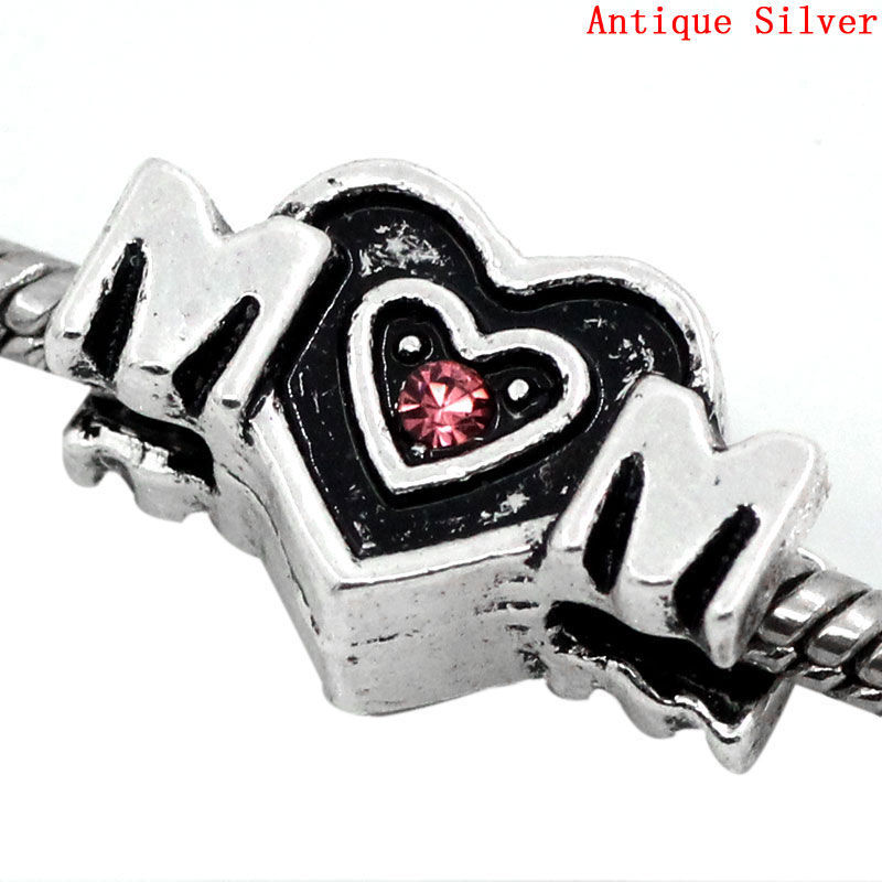 Picture of Zinc Based Alloy Mother's Day European Style Large Hole Charm Beads Antique Silver Color Heart Message " Mom " Pink Rhinestone 19mm x 11mm, Hole: Approx 4.5mm, 1 Piece