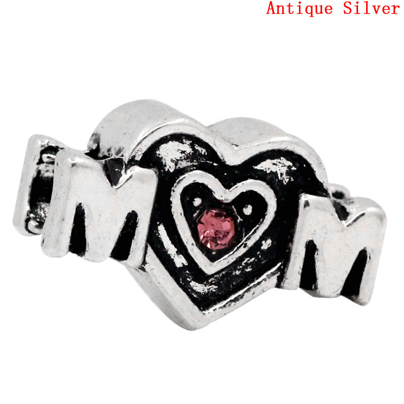 Picture of Zinc Based Alloy Mother's Day European Style Large Hole Charm Beads Antique Silver Color Heart Message " Mom " Pink Rhinestone 19mm x 11mm, Hole: Approx 4.5mm, 1 Piece