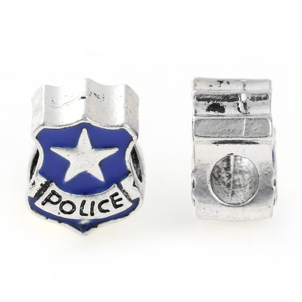Picture of Zinc Metal Alloy European Style Large Hole Charm Beads Police Badge Antique Silver Message "Police" Carved Blue Enamel 15.5x12mm, Hole: Approx: 5mm, 10 PCs
