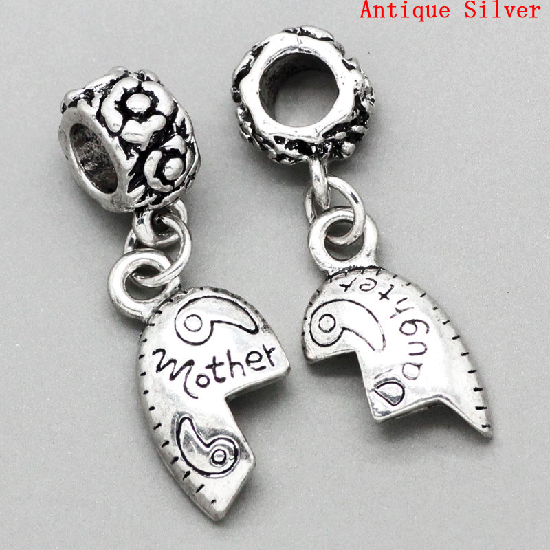 Picture of Zinc Metal Alloy European Style Large Hole Charm Dangle Beads Broken Heart Antique Silver Message " Mother & Daughter" Carved 29mm x 20mm, 10 Sets