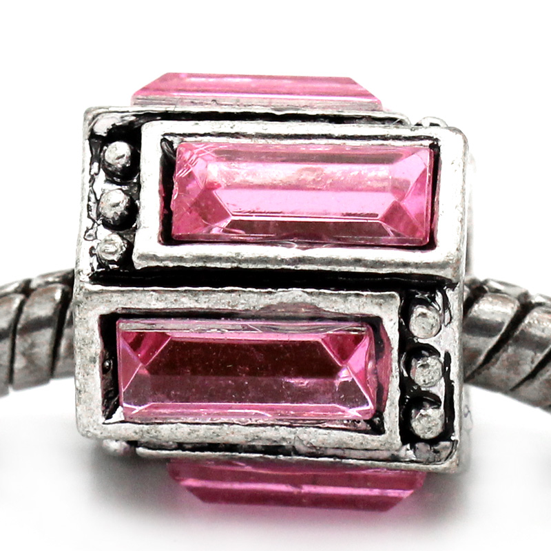 Immagine di Lega + Strass Stile Europeo Perline Cilindrico Argento Antico Roso Strass Circa 12.0mm x 11.0mm, Foro: Circa 4.5mm, 10 Pz