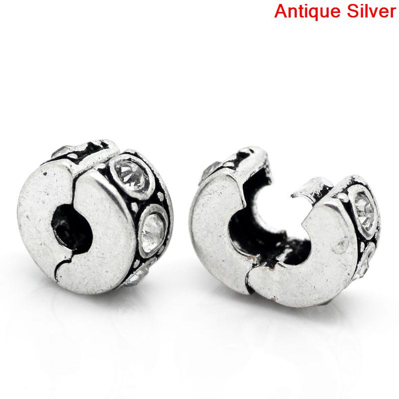 Picture of European Charm Stopper Clip&Lock Bail Beads Antique Silver Clear Rhinestone 11x10mm,Hole:Approx 3.2mm,5PCs