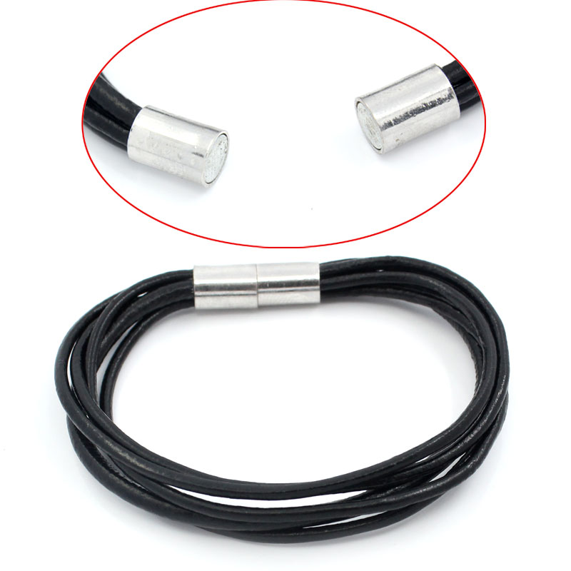 Bild von Rindleder + Kupfer + Legierung Armband Silberfarbe Schwarz 18.0cm, 2 Stück 
