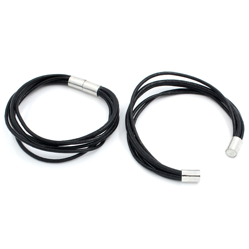 Bild von Rindleder + Kupfer + Legierung Armband Silberfarbe Schwarz 18.0cm, 2 Stück 
