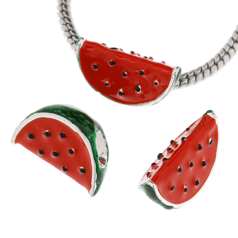 Picture of Zinc Metal Alloy European Style Large Hole Charm Beads Watermelon Silver Plated Green & Red Enamel 20mm x 13mm, Hole: Approx: 6mm x 5mm, 10 PCs