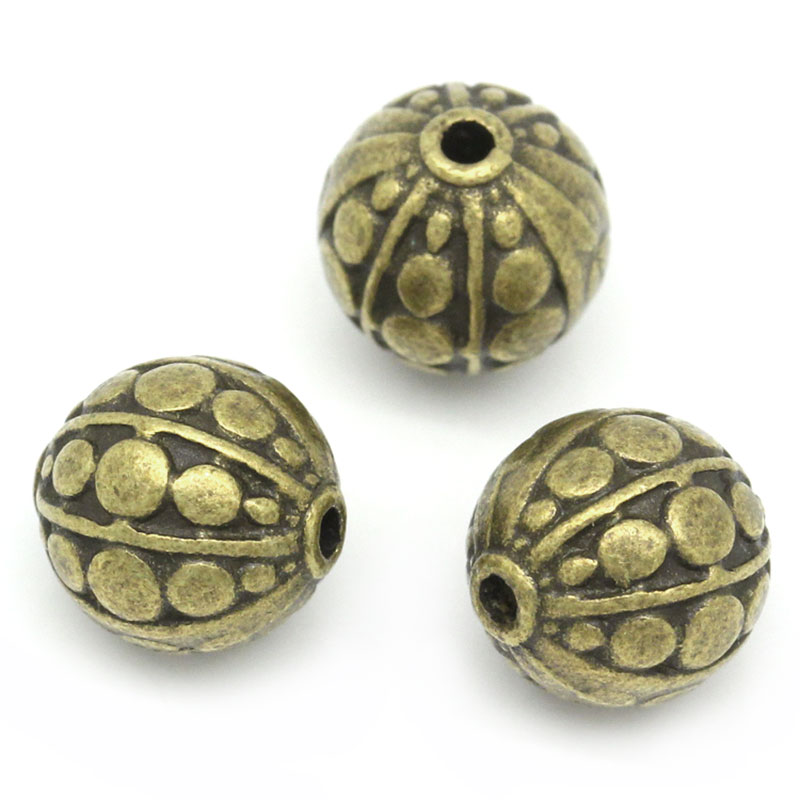 Image de Perles en Alliage de Zinc Forme Balle Plaqué bronze à pois 10.0mm x 9.0mm, Tailles de Trous: 1.5mm, 30 Pièces