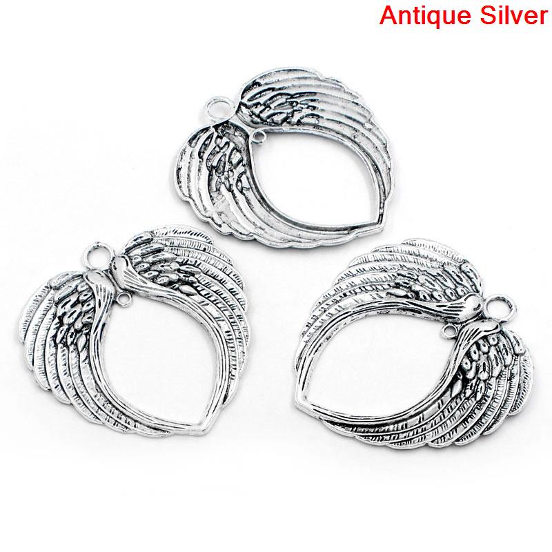 Picture of Zinc Based Alloy Connectors Findings Heart Antique Silver Angel Wing Carved 6.9cm x6.6cm, 3 PCs