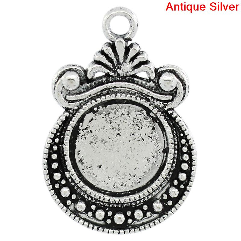 Bild von Zinklegierung Cabochon Fassung Anhänger Rund Antiksilber(für 12mm D) 28mm x 19mm 30 Stück