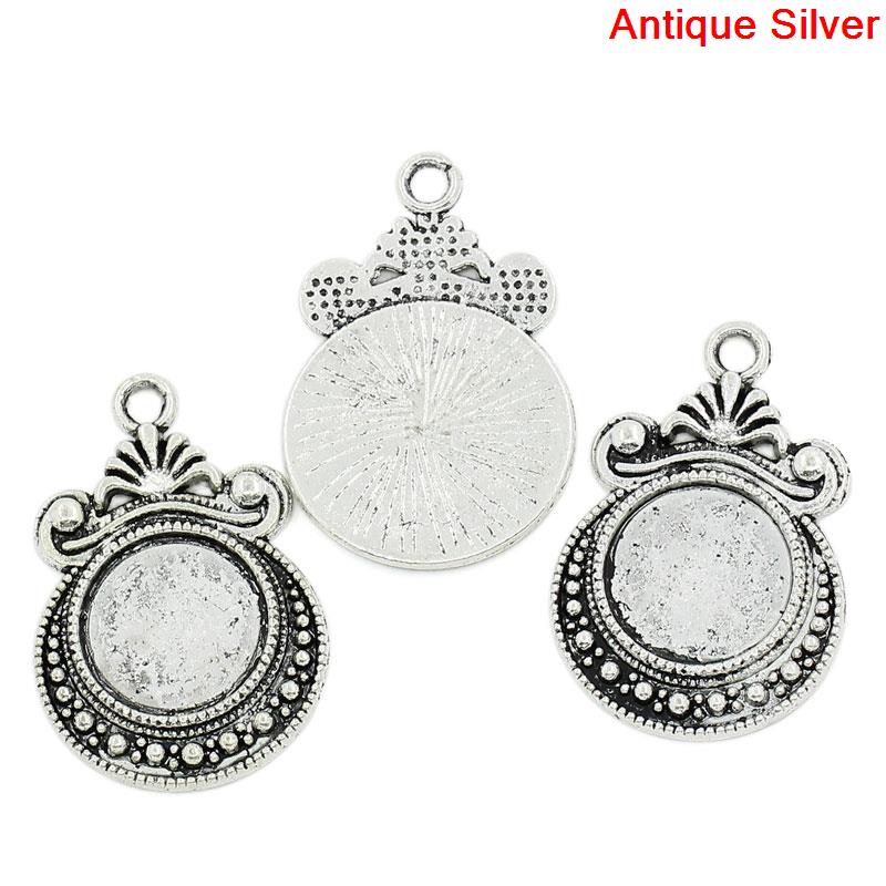 Bild von Zinklegierung Cabochon Fassung Anhänger Rund Antiksilber(für 12mm D) 28mm x 19mm 30 Stück