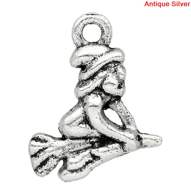 Bild von Zinklegierung Anhänger Halloween Hexe & Besen Antik Silber 16mm x 14mm, 100 Stück