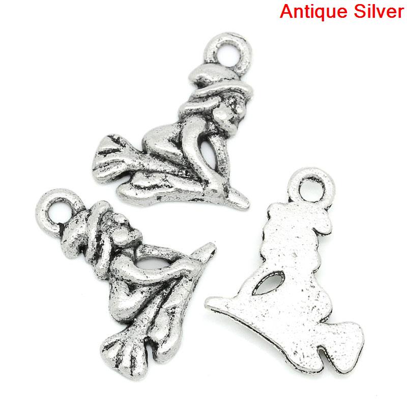 Bild von Zinklegierung Anhänger Halloween Hexe & Besen Antik Silber 16mm x 14mm, 100 Stück