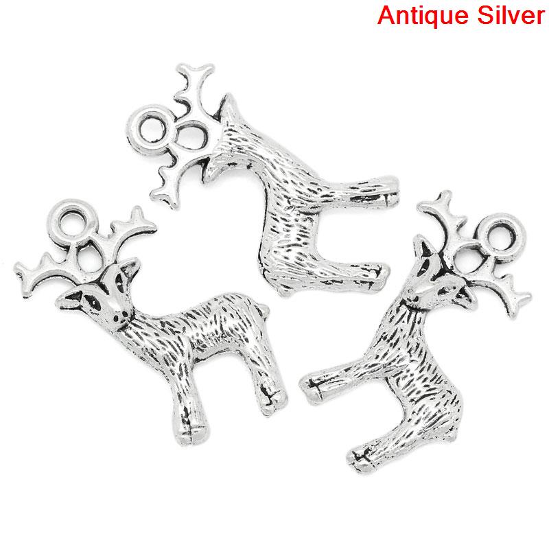 Bild von Zinklegierung Charm Anhänger Hirsch Tier Antik Silber 24mm x 19mm, 50 Stücke