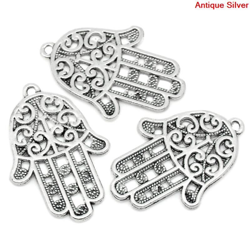 Picture of Zinc Metal Alloy Pendants Hamsa Symbol Hand Antique Silver Pattern Hollow Carved 35mm(1 3/8") x 24mm(1"), 30 PCs