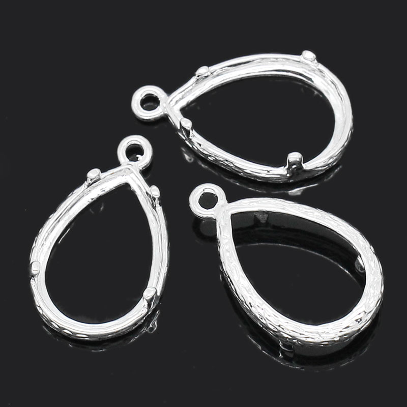 Picture of Brass Cabochon Setting Pendants Teardrop Silver Plated (Fits 14mm x 10mm) 19mm x 12mm( 6/8"x 4/8")-18mm x 12mm( 6/8"x 4/8"), 10 PCs