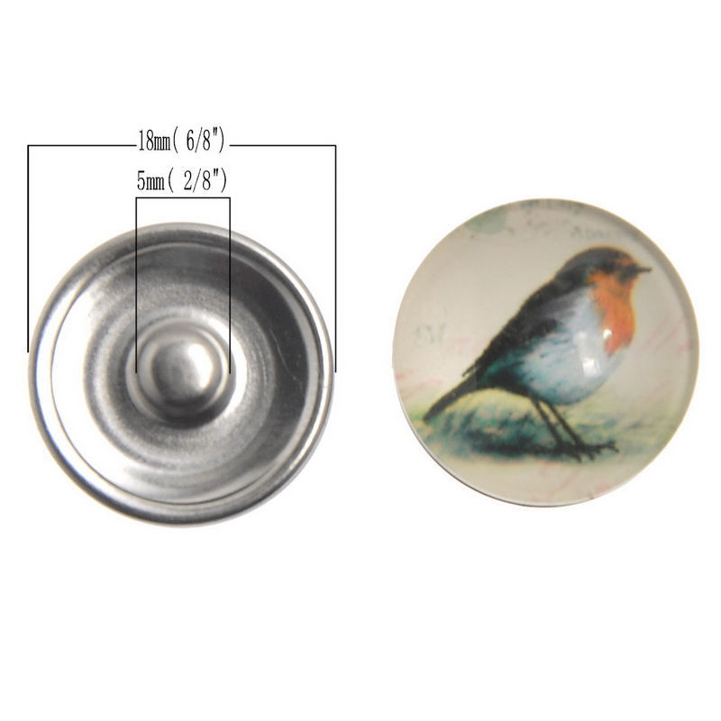Picture of 18mm Glass Snap Button Fit Snap Button Bracelets Round Silver Tone At Random Color Mixed Bird , Knob Size: 5.5mm, 12 PCs