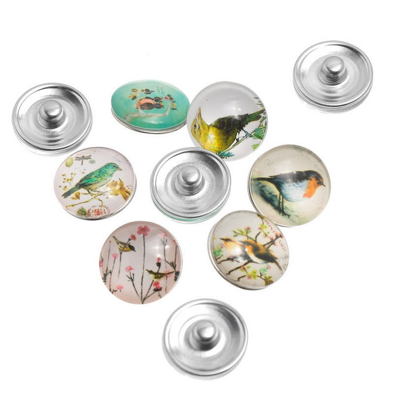 Picture of 18mm Glass Snap Button Fit Snap Button Bracelets Round Silver Tone At Random Color Mixed Bird , Knob Size: 5.5mm, 12 PCs