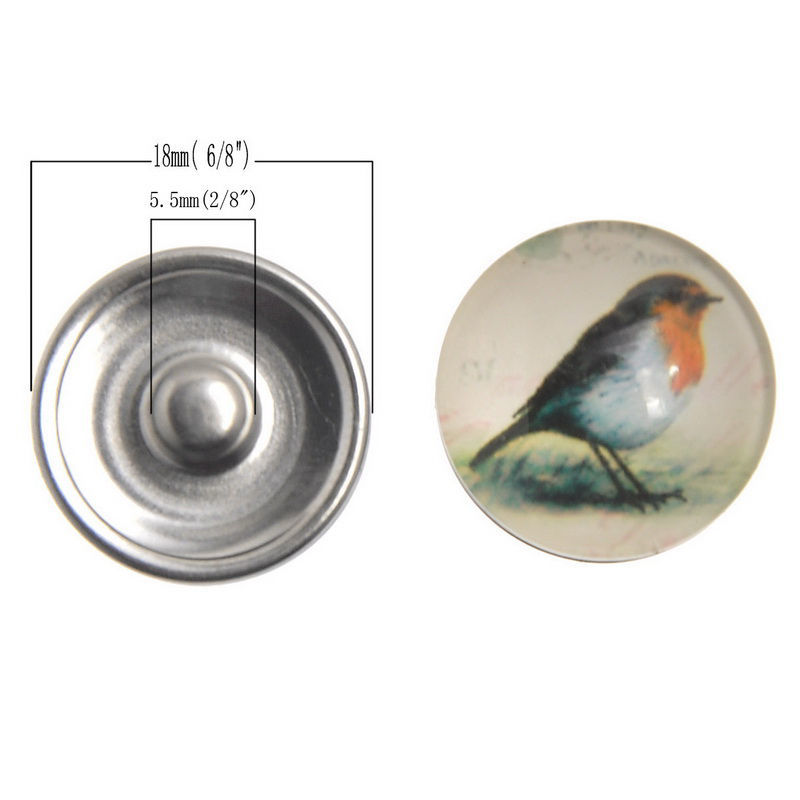 Picture of 18mm Glass Snap Button Fit Snap Button Bracelets Round Silver Tone At Random Color Mixed Bird , Knob Size: 5.5mm, 12 PCs