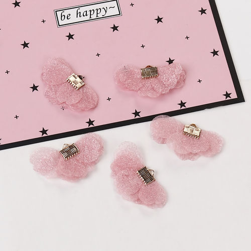 Picture of Organza Tassel Pendants Flower Gold Plated Pink About 35mm(1 3/8") x 20mm( 6/8"), 20 PCs