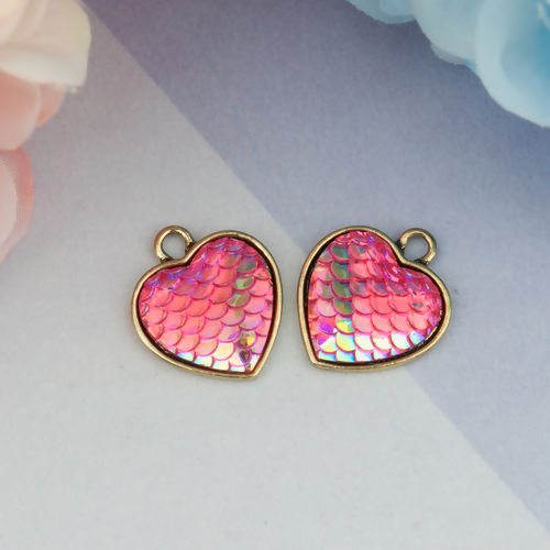 Picture of Zinc Based Alloy & Resin Mermaid Fish/ Dragon Scale Charms Heart Gold Tone Antique Gold Fuchsia AB Color 21mm( 7/8") x 18mm( 6/8"), 10 PCs