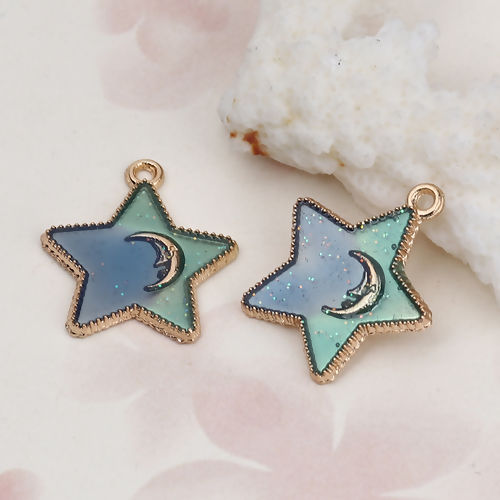 Imagen de Zamak Galaxia Colgantes Charms Estrellas de cinco puntos Chapado en Oro Azul & Verde Luna Brillo 23mm x 21mm, 20 Unidades