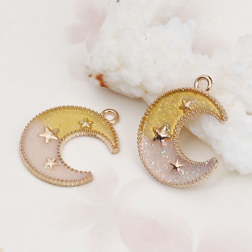 Imagen de Zamak Galaxia Colgantes Charms Luna Media Chapado en Oro Blanco & Amarillo Estrella Brillo 23mm x 19mm, 20 Unidades