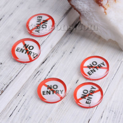 Imagen de Vidrio Dome Seals Cabochon Ronda Flatback Rojo Mensaje " NO ENTRY " Transparente 12mm Dia, 50 Unidades