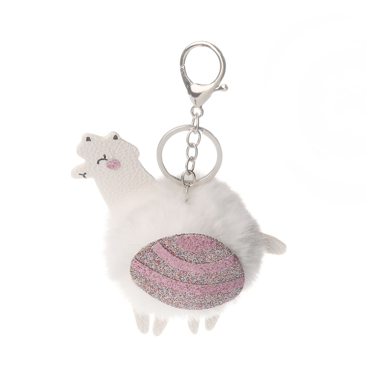 Picture of Plush Keychain & Keyring Alpaca Animal White Silver Pom Pom Ball Glitter 15cm, 1 Piece