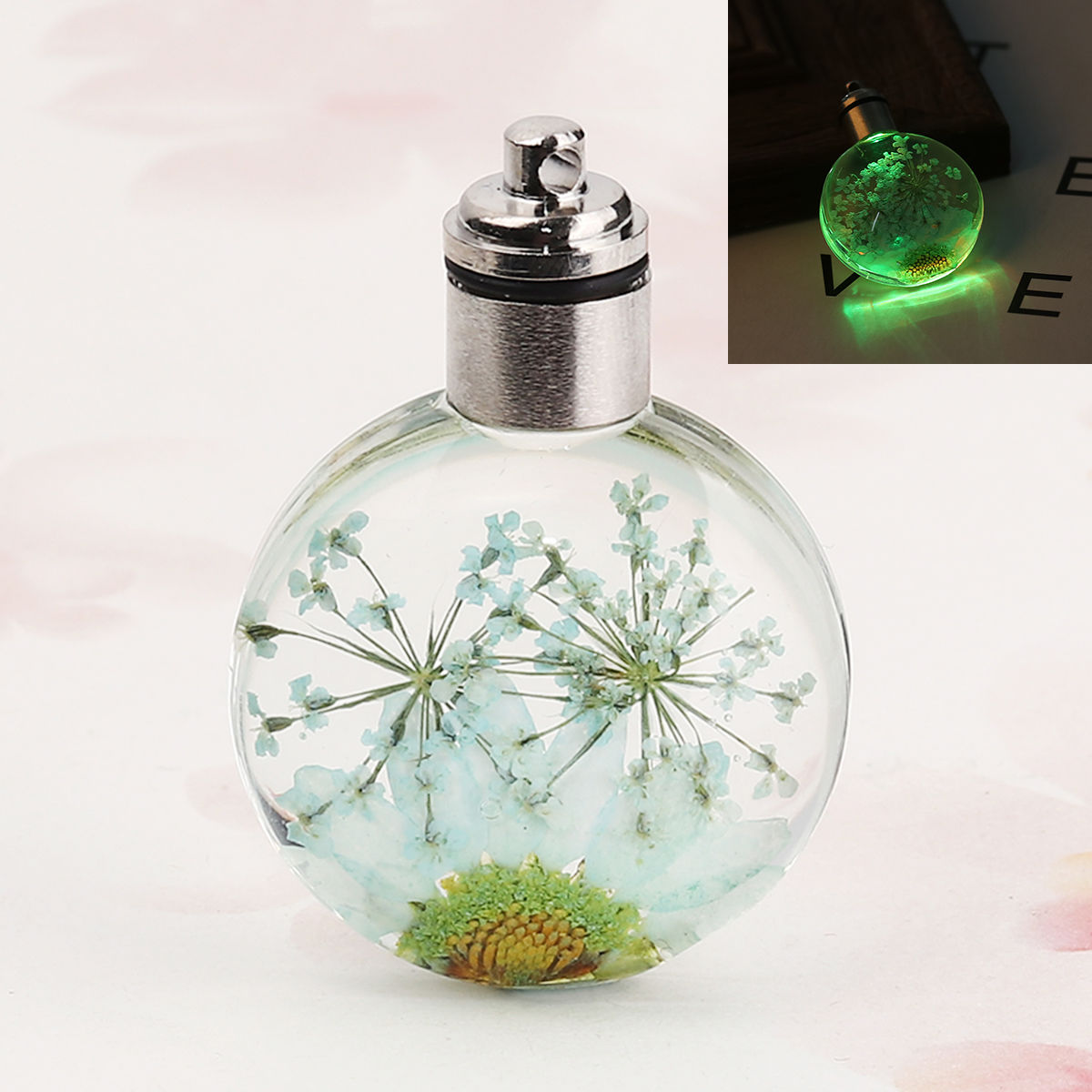 Picture of Glass & Dried Flower Pendants Round Chrysanthemum Flower Light Green Transparent LED Light Up 43mm(1 6/8") x 30mm(1 1/8"), 2 PCs