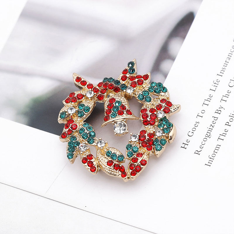 Picture of Pin Brooches Heart Christmas Jingle Bell Gold Plated Multicolor Rhinestone 4.3cm x 3.9cm, 1 Piece