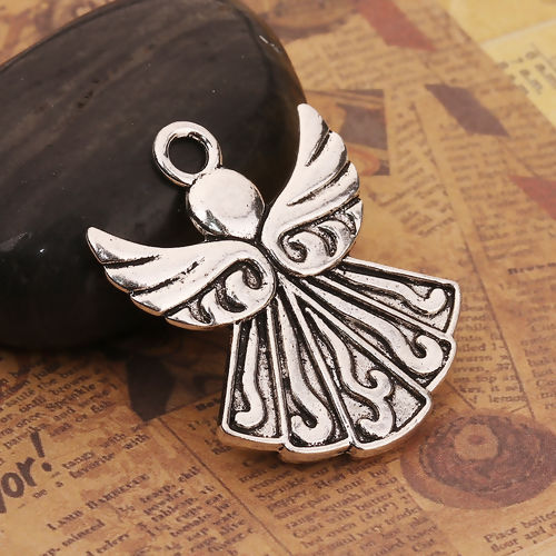 Picture of Zinc Based Alloy Pendants Angel Antique Silver Color 40mm(1 5/8") x 31mm(1 2/8"), 10 PCs